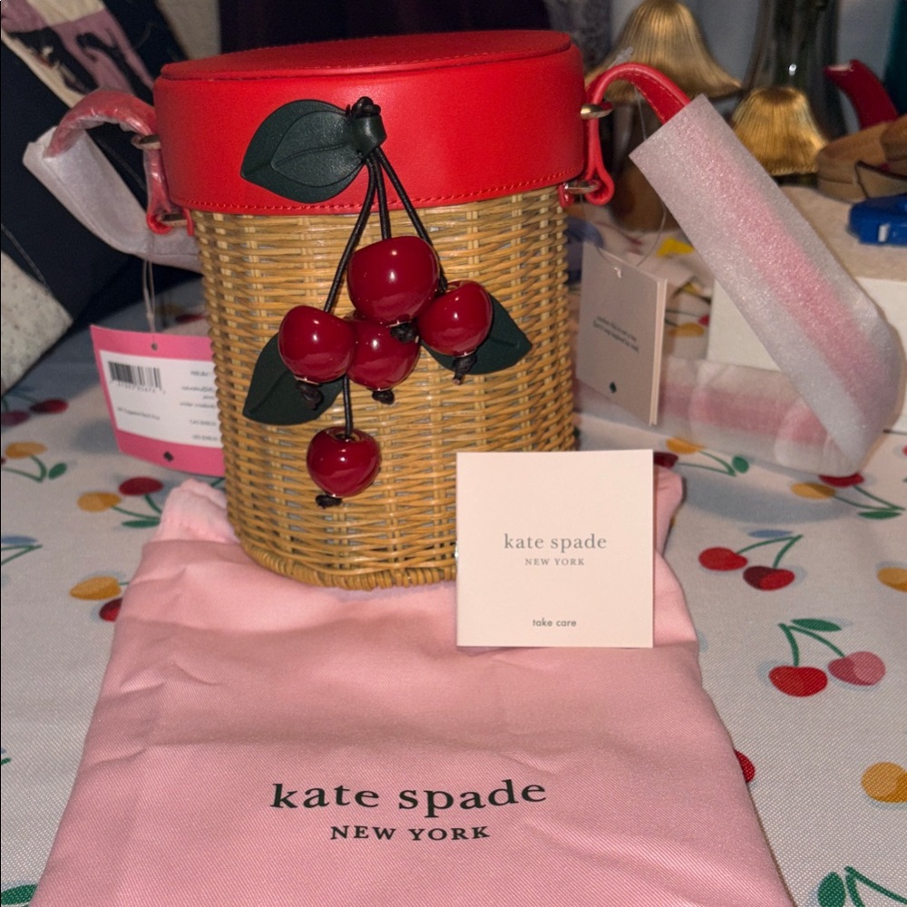 NWT, Rare kate spade Red Leather & Wicker Cherry Bucket Crossbody - Picture 12 of 16